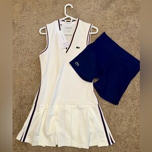 Lacoste Women’s Sleeveless Tennis Dress /Shorts White with Blue and red striped